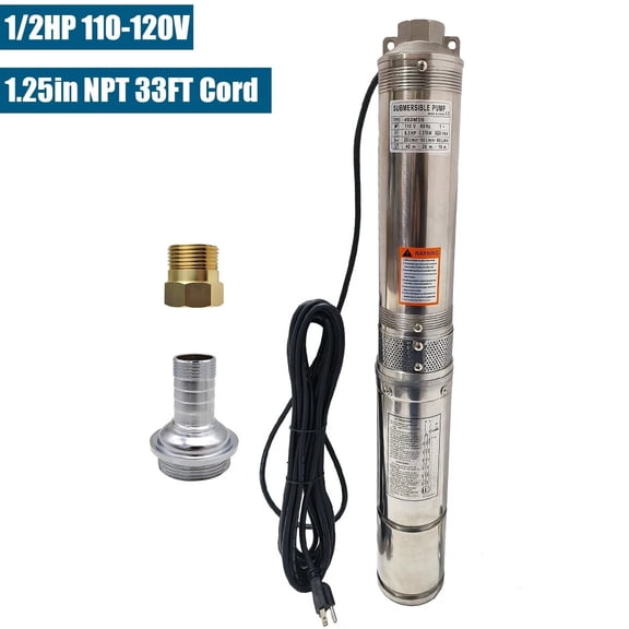 iMeshbean 1/2HP Submersible Well Pump, 4" Deep Well Pump Stainless Steel, 33' Cord, 110V, 25GPM, 207' Max Head