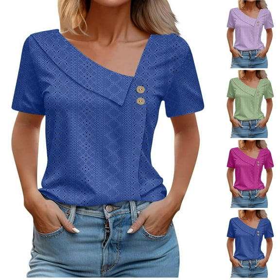 Perfectbot Short Sleeve Blouse for Women Dressy Work Blouse Top Casual Asymmetrical Neck Summer T-Shirts