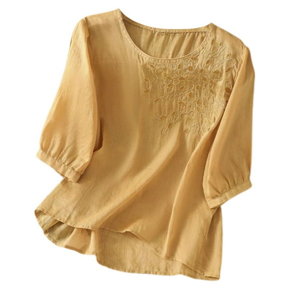 Women's Summer Literary Retro T-Shirt Loose Fit Embroidery Detail Slanted Placket Tea Shirt Comfortable Casual Top