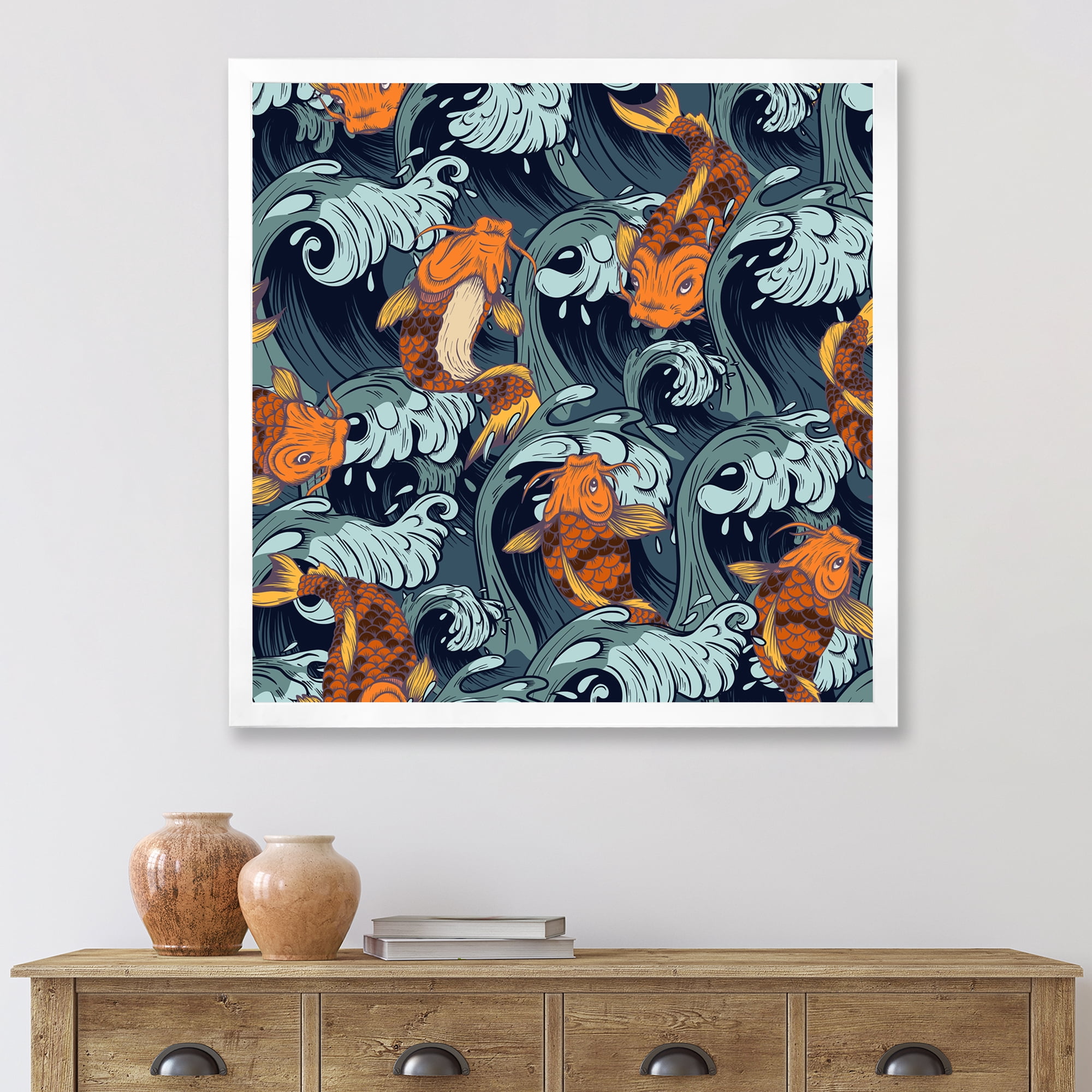 Designart 'Japanese Koi Fish on Sea Waves' Nautical & Coastal Framed Art Print
