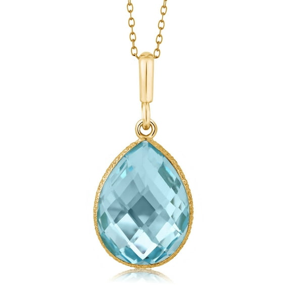 Gem Stone King 16x12mm Blue Topaz Pear Shape (9.00 Ct) in 18K Yellow Gold Plated Silver Pendant with 18 inches Chain Necklace for Women