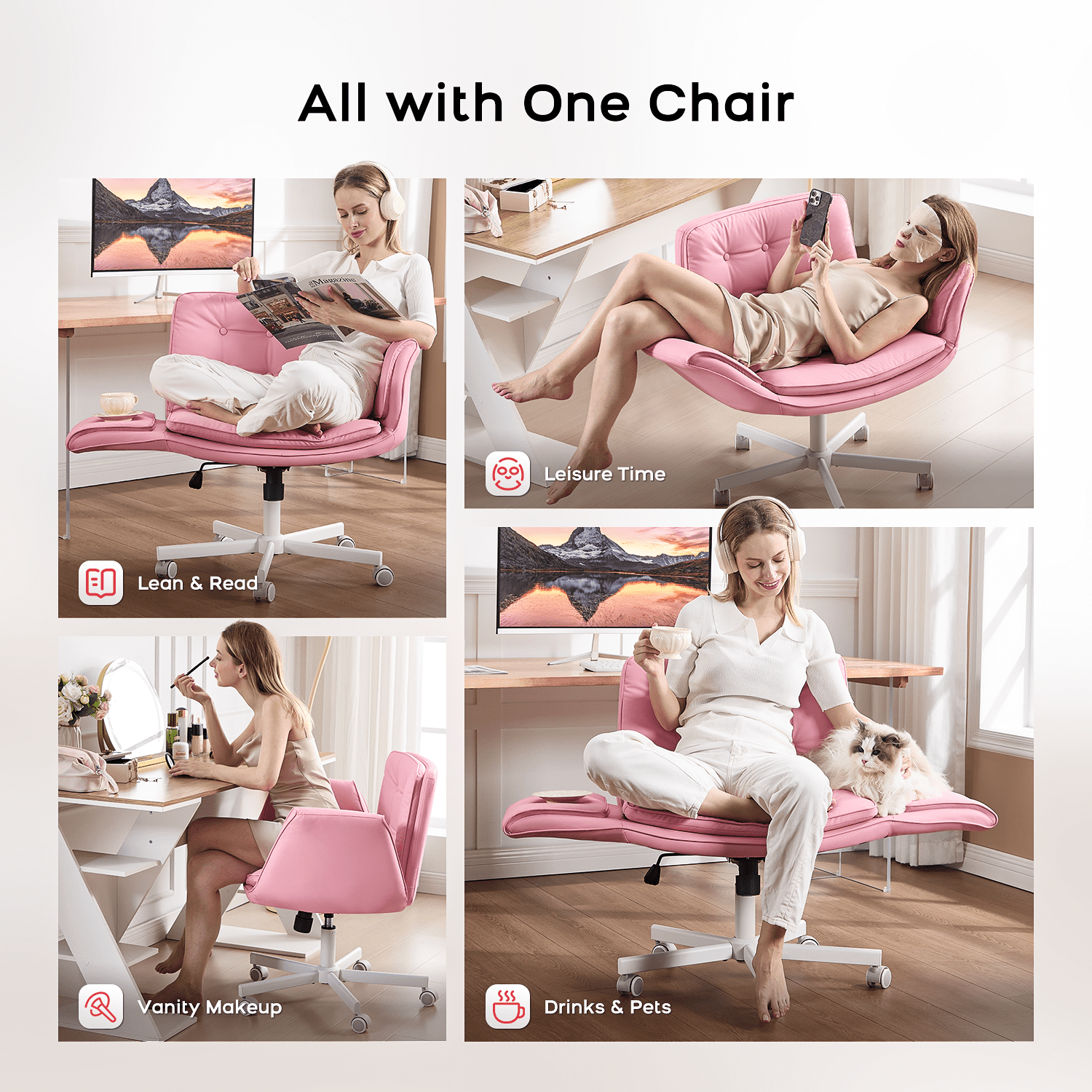 TMV Criss Cross Chair with Wheels & Armrests, Comfy Wide Vanity Chair, PU Leather Cross Legged Desk Chair, Height Adjustable Computer Office Desk Chairs for Home＆Makeup＆Bedroom，Pink