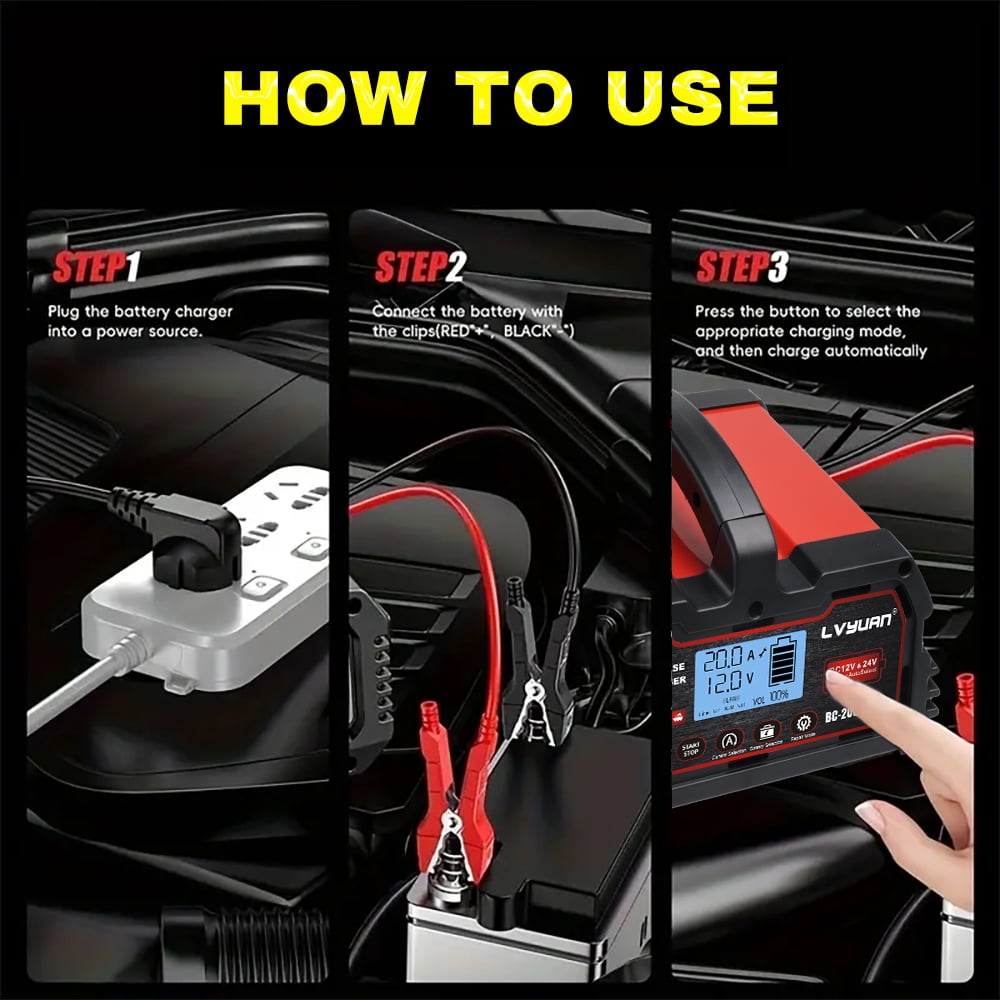 LVYUAN 20A 12V/24V Automotive Battery Charger Float & Trickle Battery Charger Maintainer Desulfator for Car, Truck, Motorcycle, lawn mower, LiFePO4 & Lead-Acid Batteries