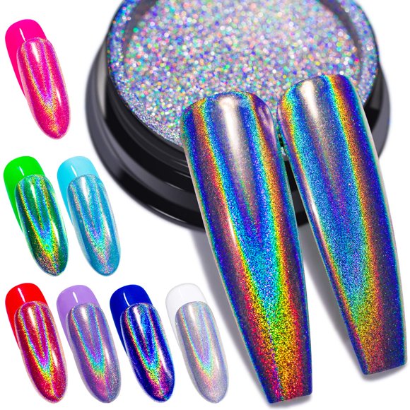 Polvo holográfico para uñas fino arco iris Holo unicornio espejo efecto láser multicromo manicura pigmento brillo polvo para salón hogar arte de uñas DIY Deco 0.04 oz/0.04 oz herramienta de esponja/3