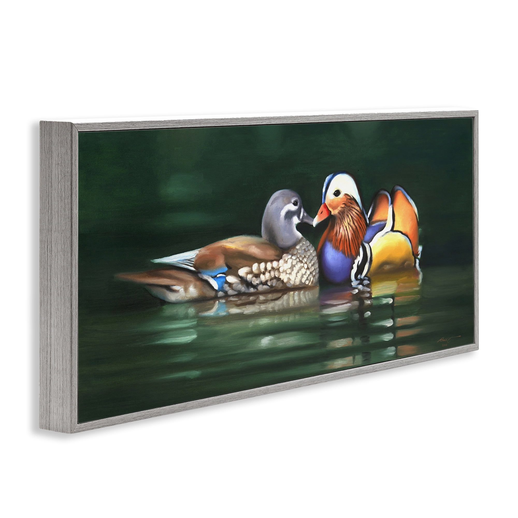 Stupell Industries Patterned Birds in Lake Animals & Insects Painting Gray Framed Art Print Wall Art, 30 x 13