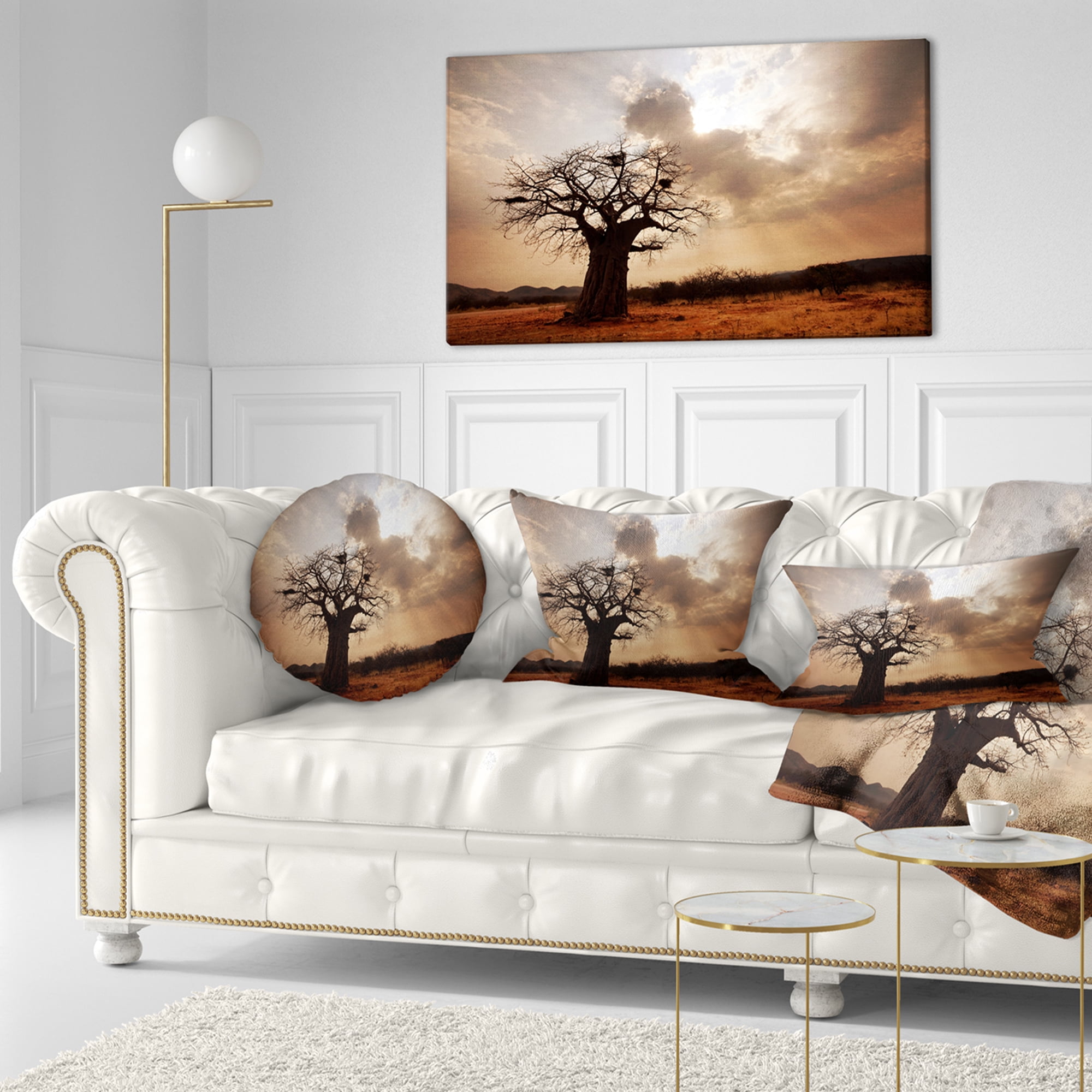 Designart Large Baobab Tree under Clouds - Modern Landscape Printed Throw Pillow - 12x20