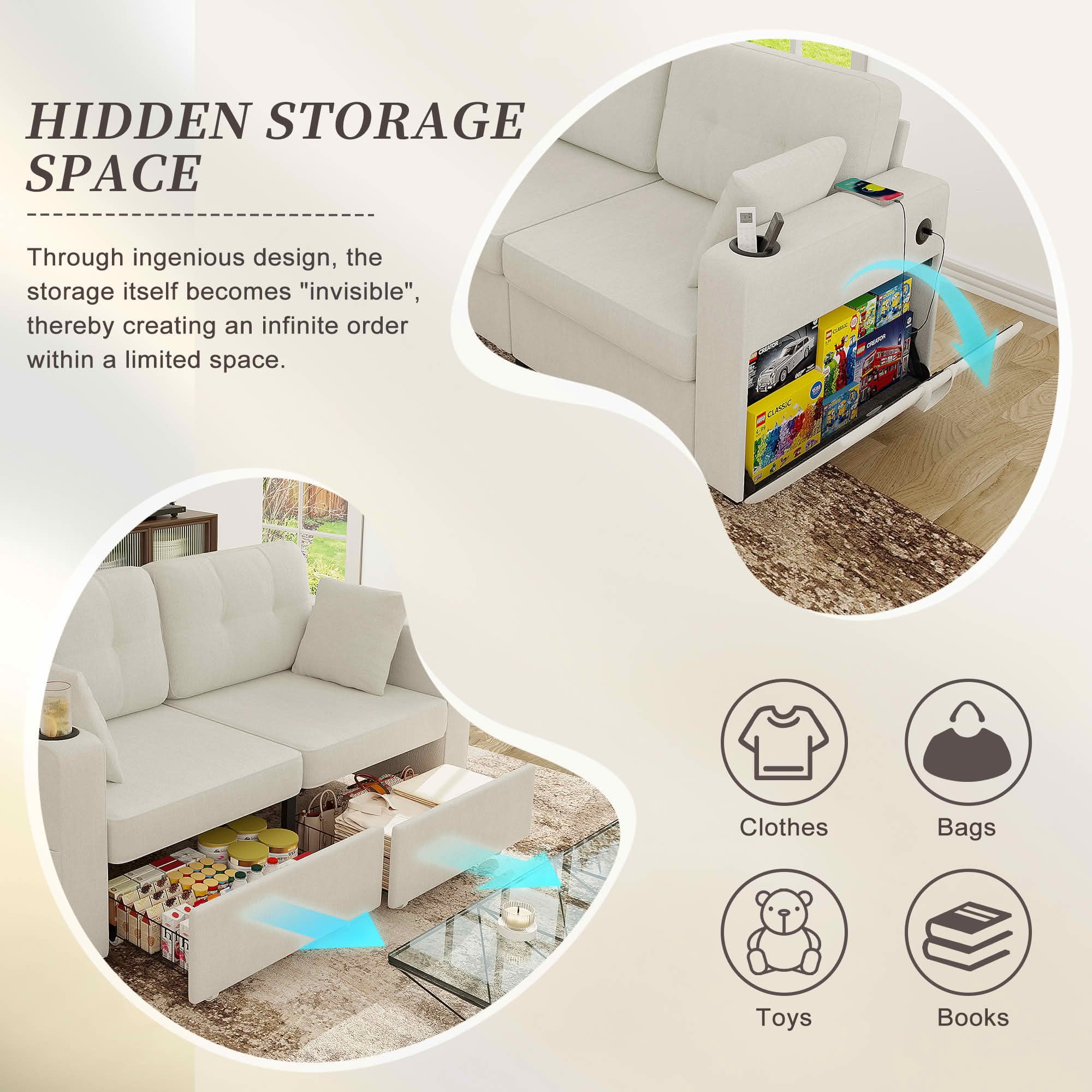 MAYEERTY Modern 3-Seat Chenille Sofa, Wood Frame Sectional Couch with USB Charging, Cup Holder & Storage Function for Home Small Space Living Room