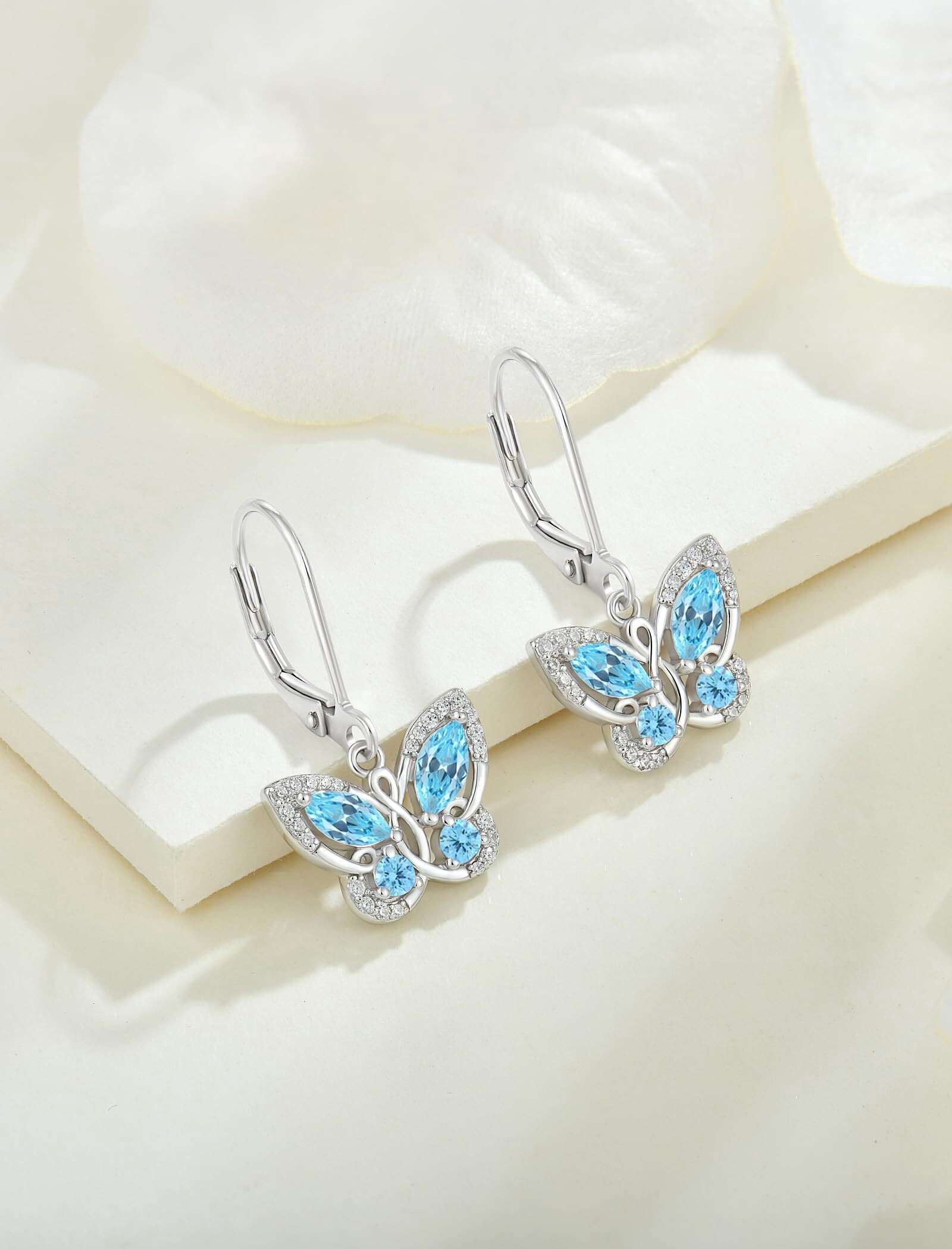 Starchenie Butterfly Earrings for Women 925 Sterling Silver Leverback Earrings Birthstone March Aquamarine Butterfly Jewelry Gifts