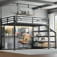 thumbnail image 3 of Queen Loft Bed with Desk and Storage Stairs, Metal Loft Beds with LED Lights, USB Ports, Multifunctional Iron Nets, No Spring Box Needed and Noise-free, Black, 3 of 19