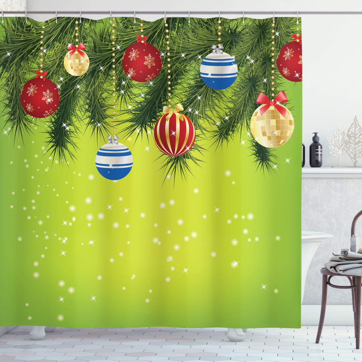 Christmas Shower Curtain, Hanging Ornaments Branches New Year Celebration Party Magical Xmas