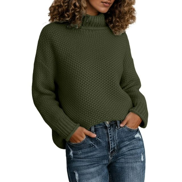 Krdevn Winter High Neck Knitted Sweater Long Sleeve Rolled Edge Pullover for Cozy Fall Turtleneck Top,Size:M
