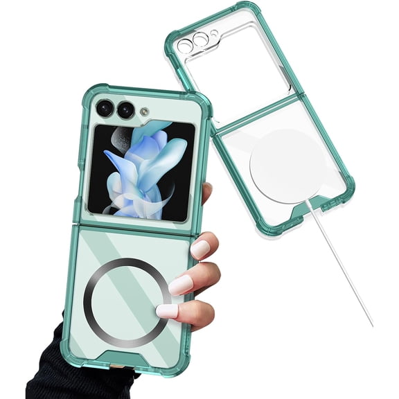 Magnetic Case for Samsung Galaxy Z Flip 5 4 5G Compatible with Magsafe Flip4 /Flip5 Millitary Shockproof Corners Transparent Slim Cover for Women Men (Green,for Samsung Z Flip 4)