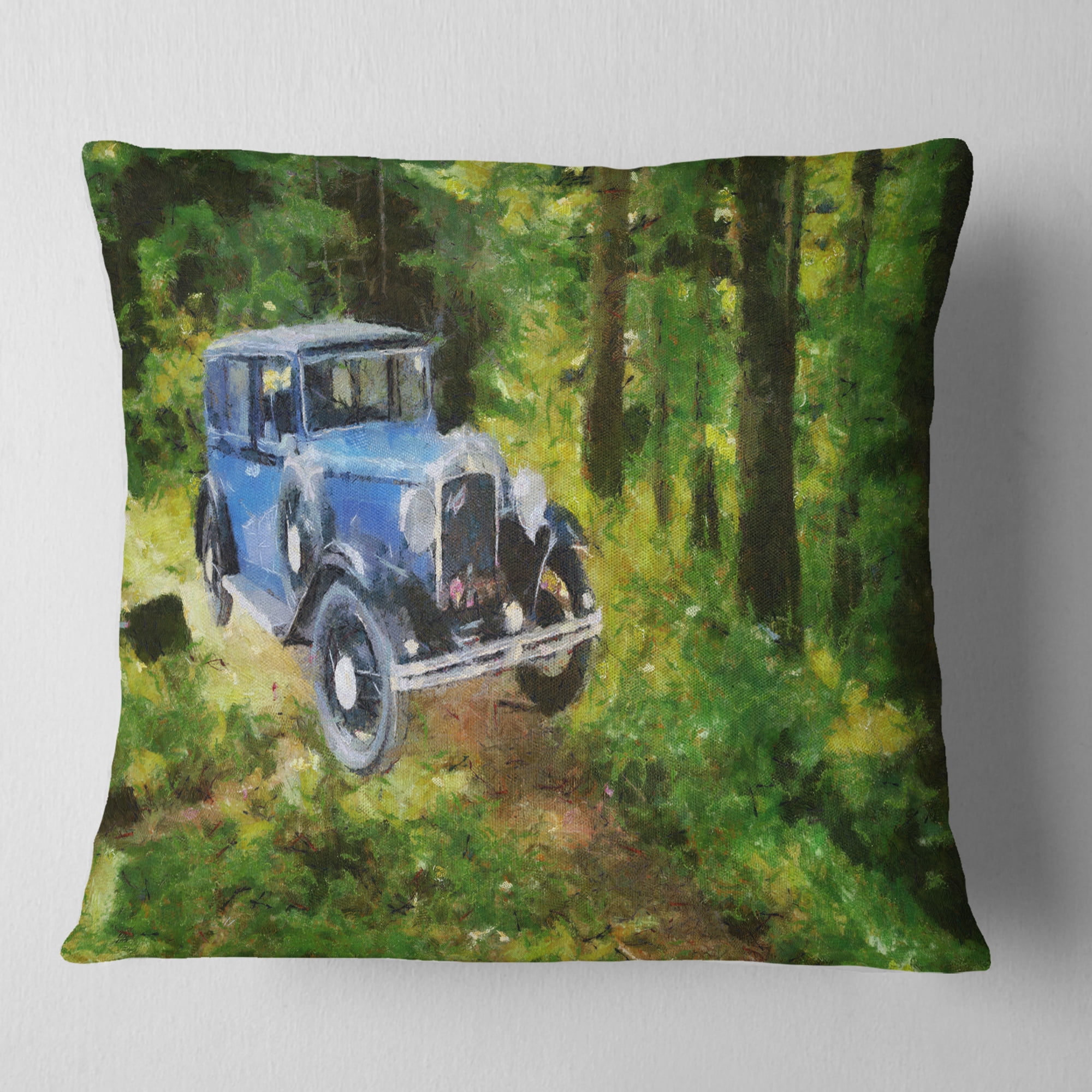 Designart Blue Vintage Car Oil Painting - Car Throw Pillow - 18x18
