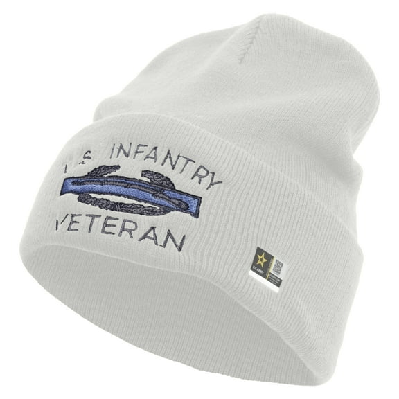 US Infantry Veteran Embroidered 12 Inch Long Knitted Beanie - White OSFM