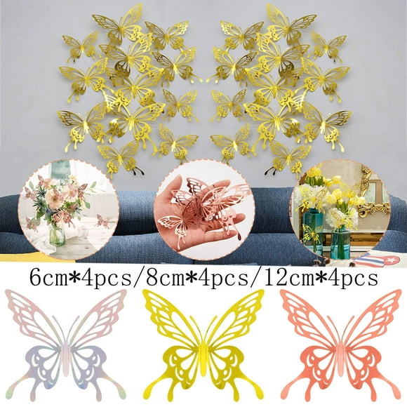 Fiudx Pegatina de Pared de Mariposa 3D, Decoración Dorada de Lujo, Transformación Mágica de Habitación, Fondo para Bodas y Baby Shower, Fácil de Usar, Súper Adhesiva, Juego de 12 Piezas, Tamaños de 6
