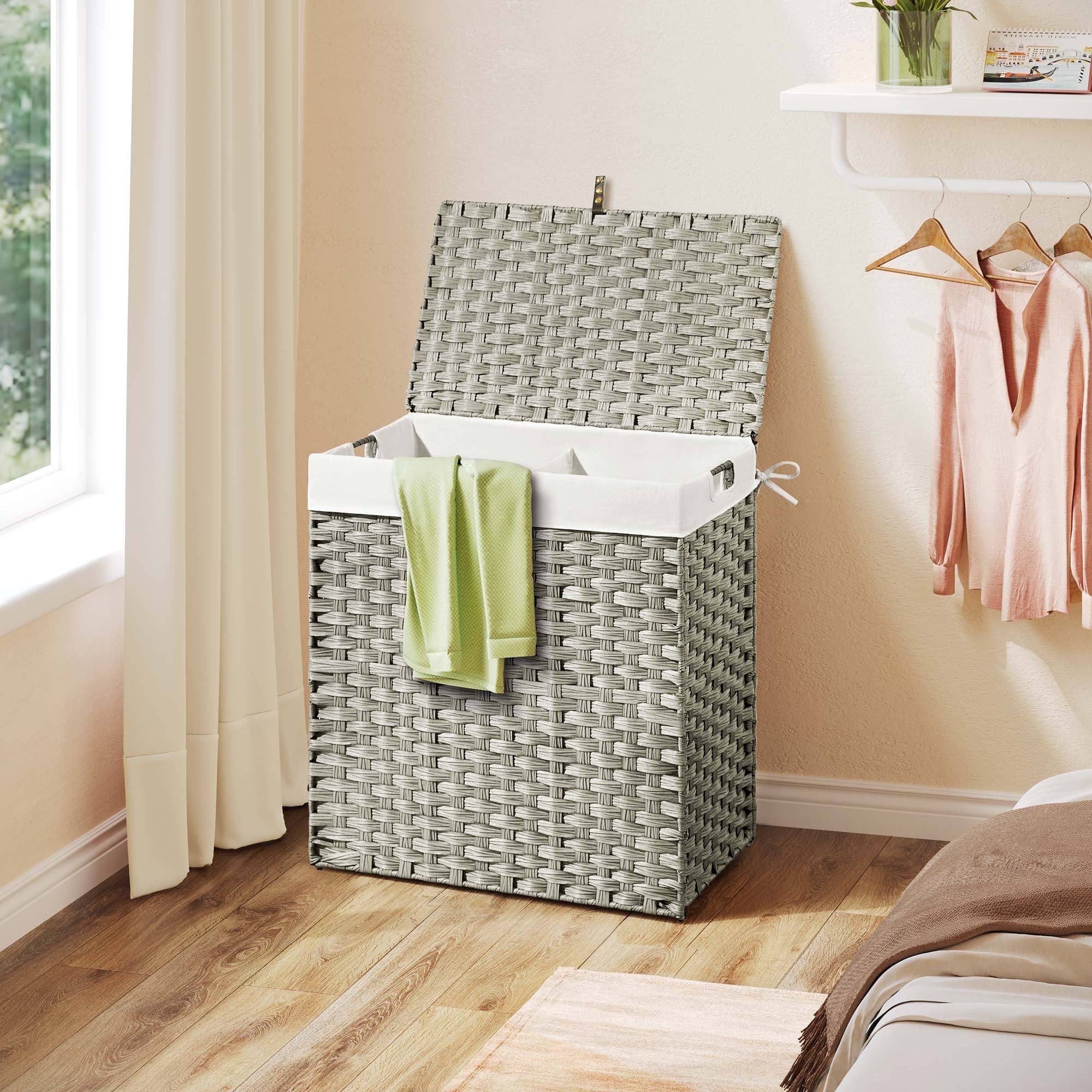 Rolanstar 90L Laundry Hamper Wicker Laundry Basket with Lid, Handles Clothes Hamper Foldable with 2 Removable Liner Bags, Gray