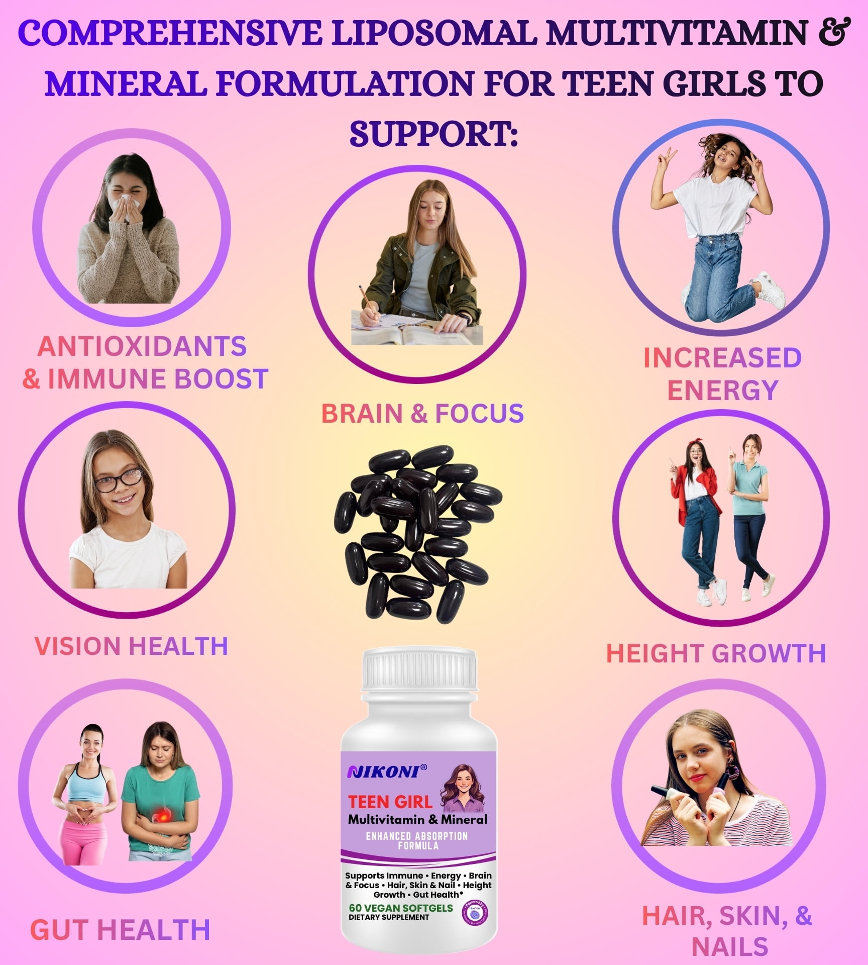 Nikoni Teen Girl Multivitamin & Mineral Vegan Softgels Enhanced Absorption Formula 60 Count