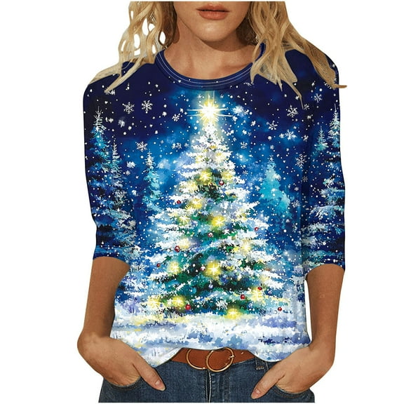 Feancey Ugly Christmas T Shirt Women 3/4 Sleeve Loose Blouse Holiday Casual Xmas Tree Print Plus Size Tops Dressy Trendy Party T-Shirts Blue S