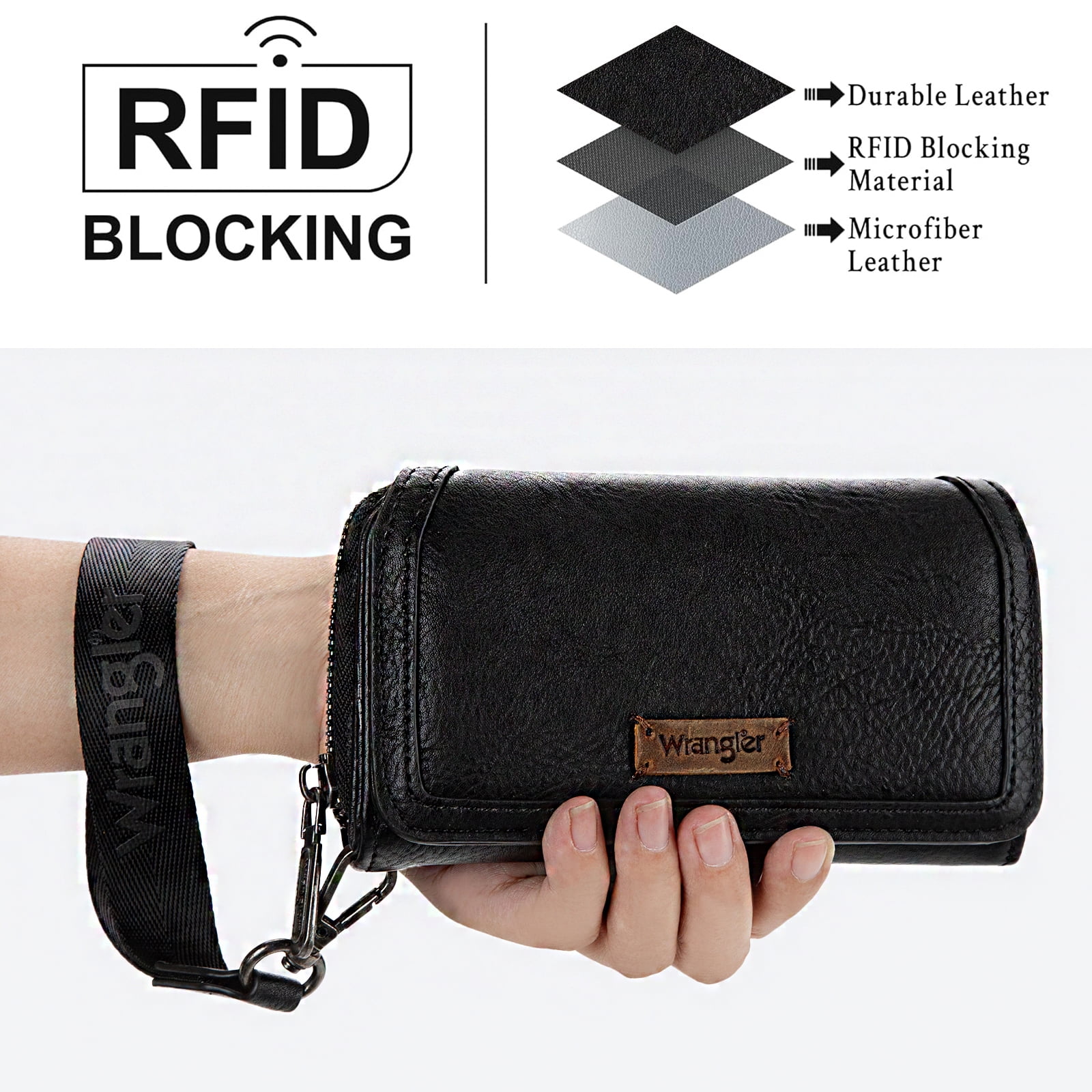 Wrangler Wallet Purse for Women Minimalist Wristlet Wallet with RFID Blocking Credit Card Holder, Black