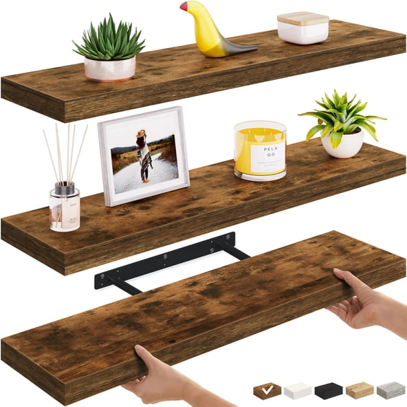 Ballucci 36" Floating Shelves for Wall, 3-Pack with Invisible Brackets, 8" Deep, Rustic Brown