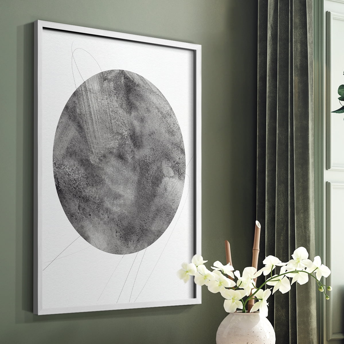 Graphite Moon II Framed Print in White Solid Wood Framed Print No Nail Hanging