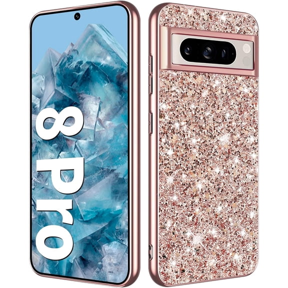 Glitter Case for Google Pixel 8 Pro Phone Case for Women Girls, Slim Ultra Thin Matte Back Shockproof Protective Cover for Google Pixel 8 Pro 5G Crystal Bling Case (Rose Gold)