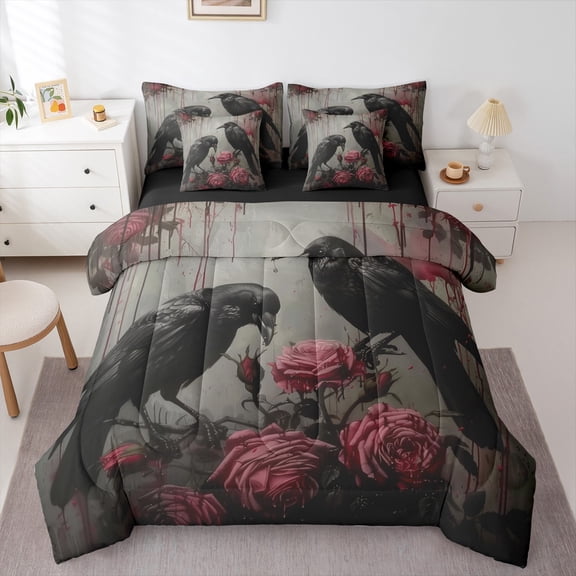 Homewish Black Crow 7-Piece Twin Bedding Set - Pink Floral Rose Gothic