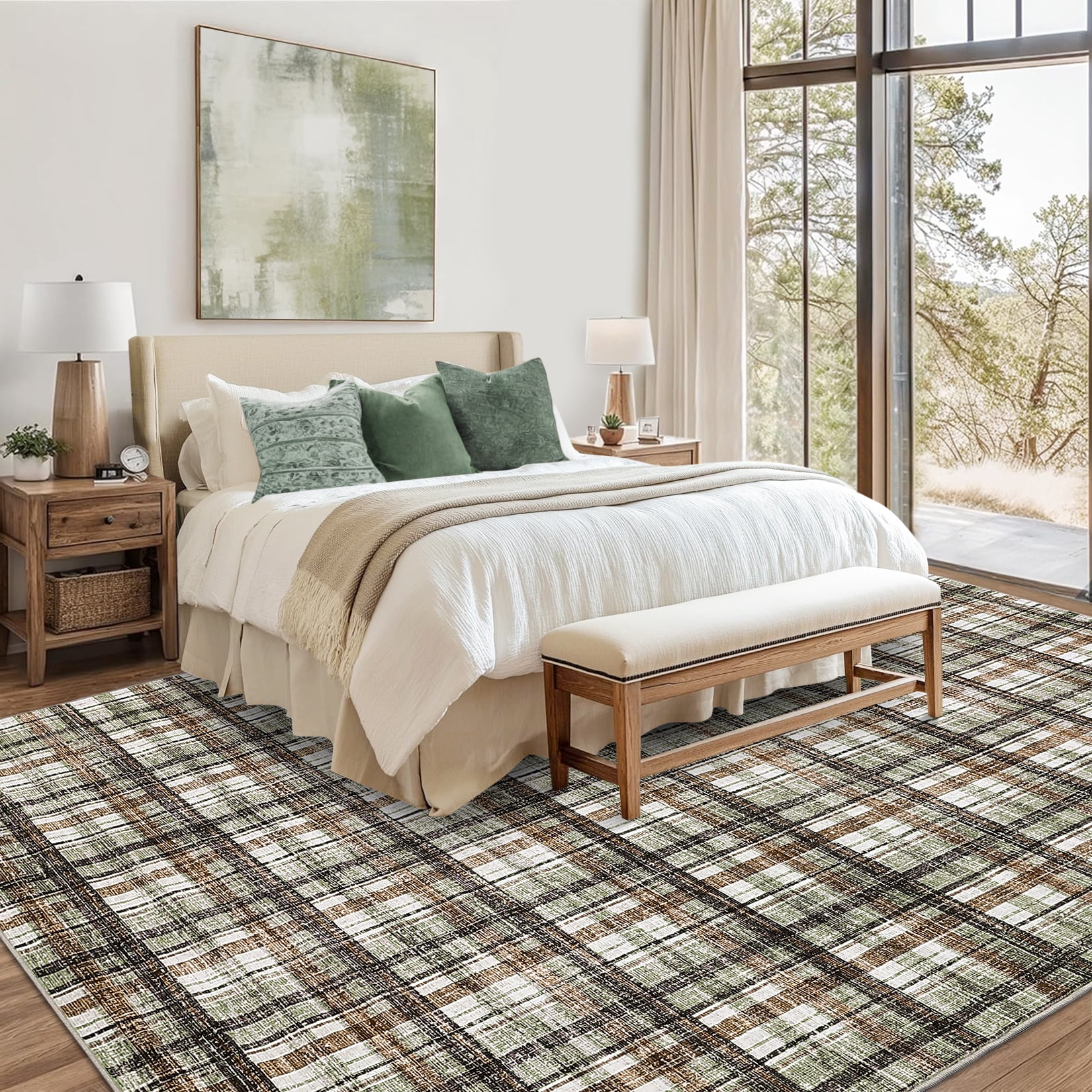 Garvee 5x7 Geometric Striped Area Rug Living Room Rug, Machine Washable Plaid Rugs With Non-Slip Backing Low Pile Stain Resistant Indoor Carpet for Bedroom Dining Room Home Office, Coffee