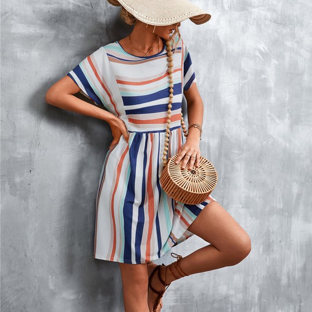 Robe d'Été, Simple Ronde Cou Type Lose Robe d'Été Décontractée Manches Courtes pour l'École Orange Blanc L