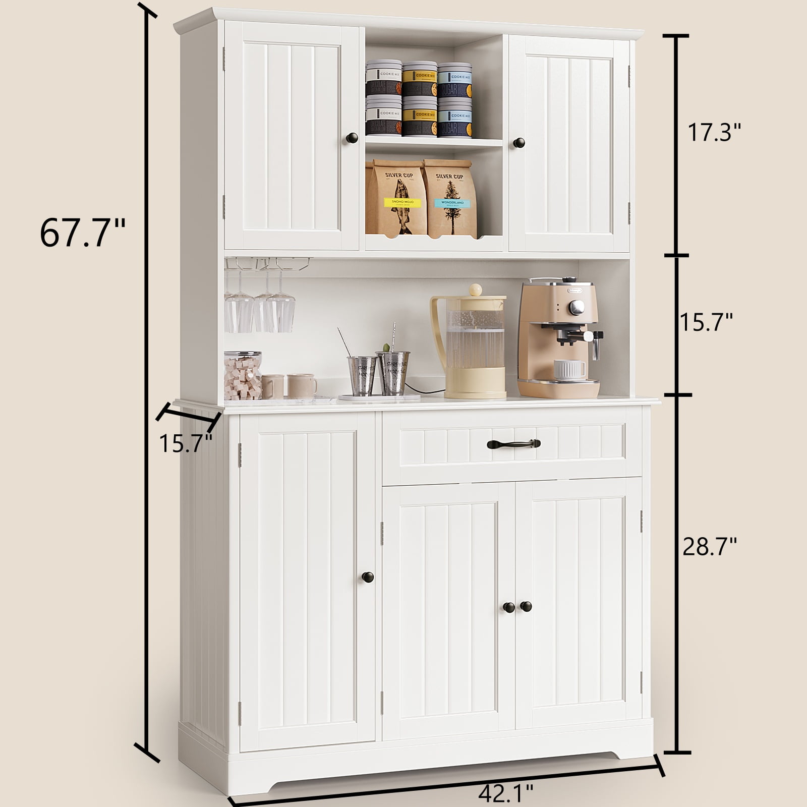 Lofka 67" Tall Pantry Cabinet for Kitchen Storage - 15 Shelves, 5 Doors, Microwave Shelf & Drawer, Freestanding Organizer Can Be Used as Coffee Bar Cabinet