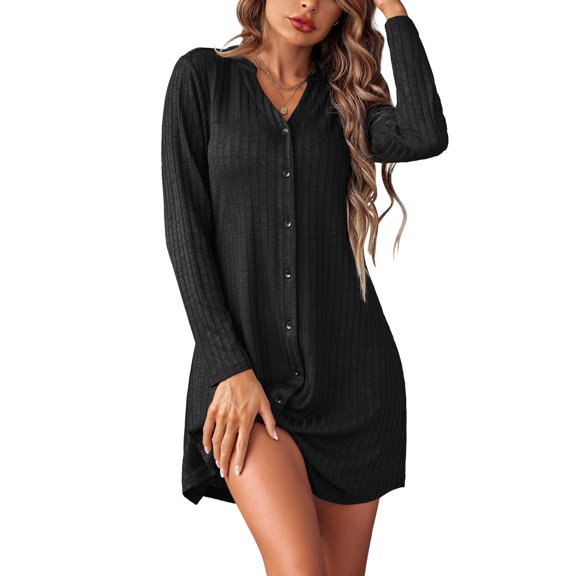 Oudiya Womens Button Down Night Shirt Long Sleeve Nightgowns Ribbed Knit V-Neck Sleepwear Pajama Dress, S-XXL