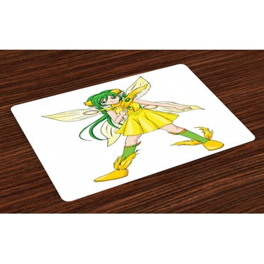 Ambesonne Anime Place Mats Set of 4, Fantasy Manga Girl, Standard Size, Yellow Lime Green Ivory