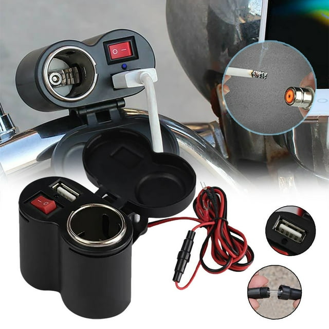PREWOOD 5V/2A USB IC Control Charger Socket Waterproof Motorcycle Handlebar & Rear View Mirror Clamp Power Adapter Charger with Cigarette Lighter Socket,Voltmeter for Phones/Tablets/GPS