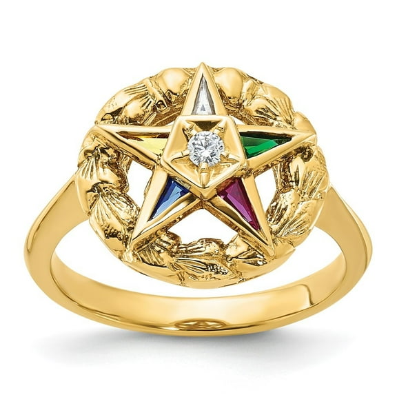 Auriga Fine Jewelry 14K Yellow Gold Women's Textured with Multi-color CZ and Diamond Eastern Star Masonic Ring Size 7