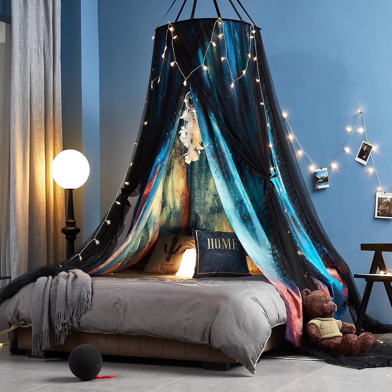 Gorgeous Aurora Printed Bed Canopy for Girls & Adults, Room Decorative Cozy Bed Curtain Canopy Drapes, Round Dome Luxurious Lace Princess Canopies Mosquito Netting (Aurora)