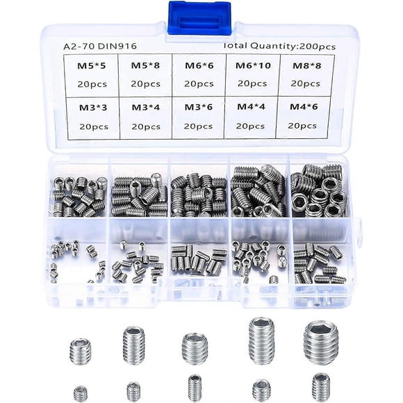 200pcs Stainless Steel Grub Screws, M3 M4 M5 M6 M8 Machine Screws, Assortment Punch Screw Fixing Kit