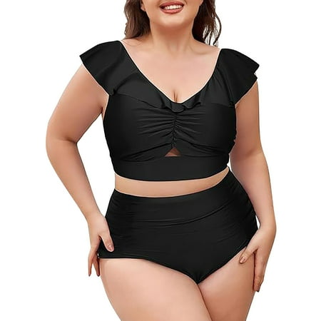 Yanyanz Two Piece Swimsuit for Women Women S Plus Size Bikinis Two Swimsuits Ruffle V Neck Bathing Suit with Bottom Women S Bikini Swimsuits Sexy Swimsuits for Women Clearance Black S