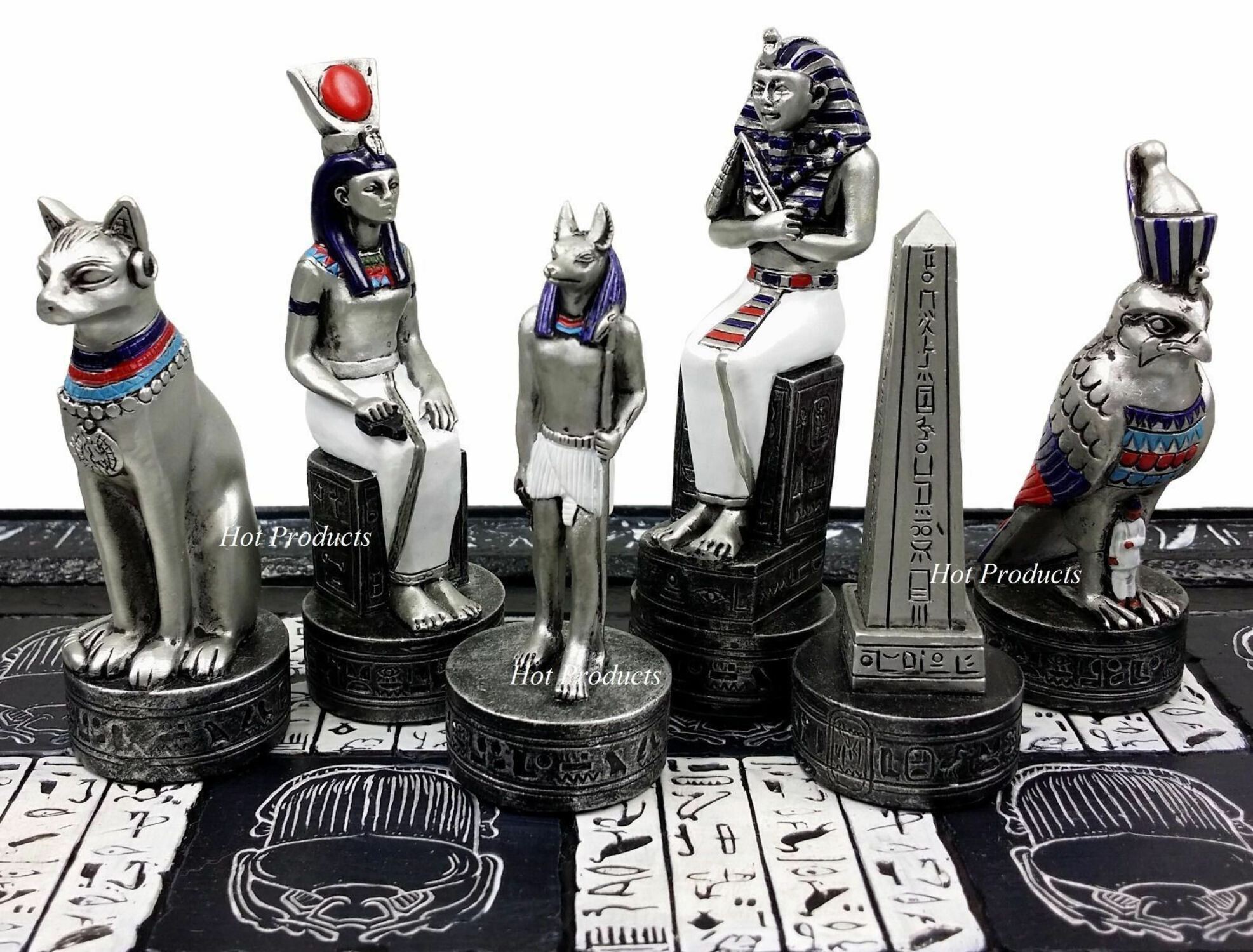 Egyptian Anubis Chess Set Gold  Silver Painted Men W/ 16" Hieroglyphics Board