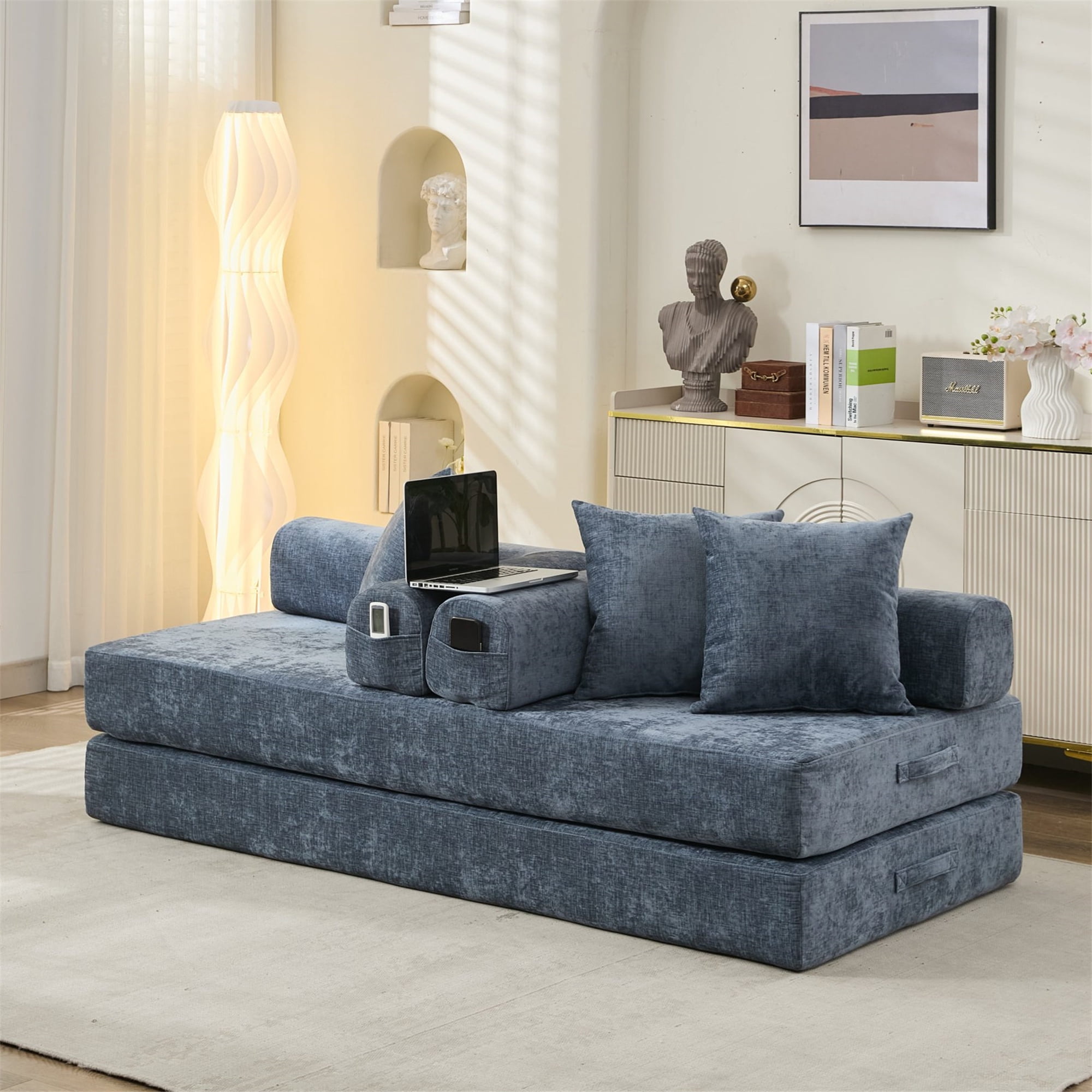 Aukfa Convertible Sleeper Sofa Bed King Floor Futon Couch for Living Room Bedroom, Chenille, Blue