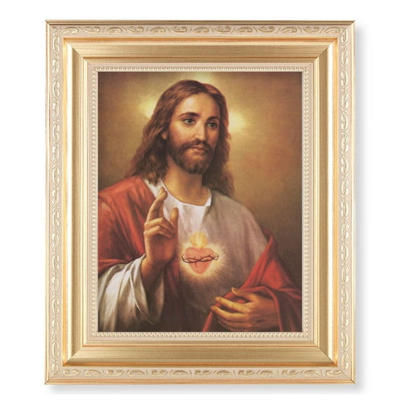 Sacred Heart of Jesus Picture Framed Wall Art Decor Large, Satin Gold Fluted Frame with Distressed Finish and Fine Detailed Scrollwork