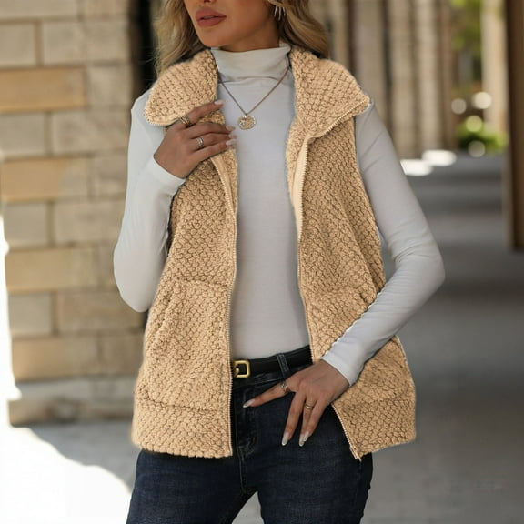 Women's Double Sided Fleece Vest, Zipper Front Sleeveless Jacket, Oversized Knit Cardigan, Side Pocket Layering Piece, Soft Plush Outerwear, Autumn Winter Warm Wear Beige L