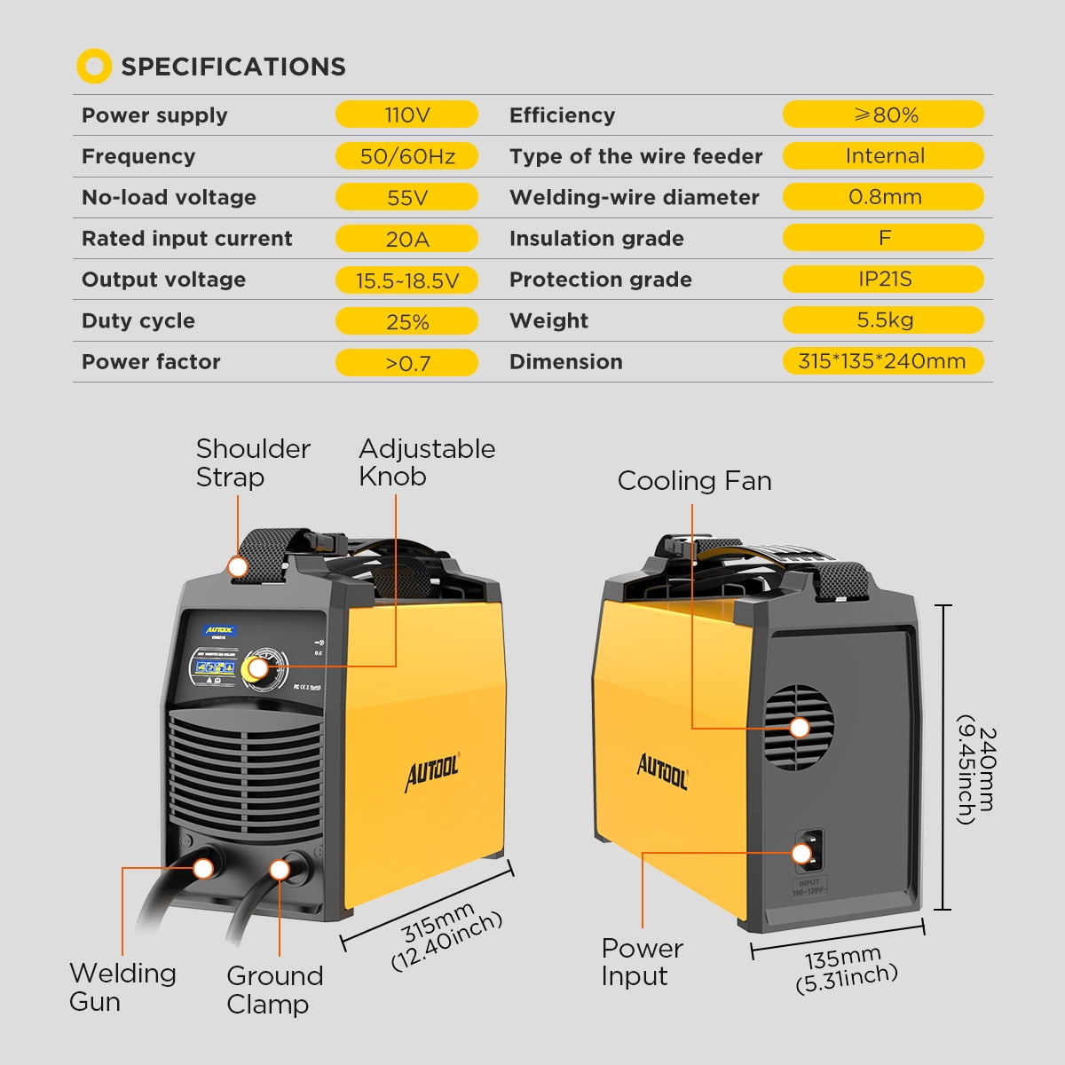 AUTOOL Welder Gasless MIG Welding Machine 110V Portable IGBT Inverter Welder Flux Core Self-Shielding Welding Machine W/ Overheat Protection & Adjustment Knob for Beginner Repair