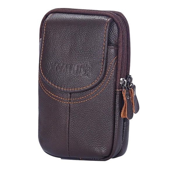 5pcs Men Cowhide Leather Phone Belt Bags Solid Color Zipper Fanny Pack