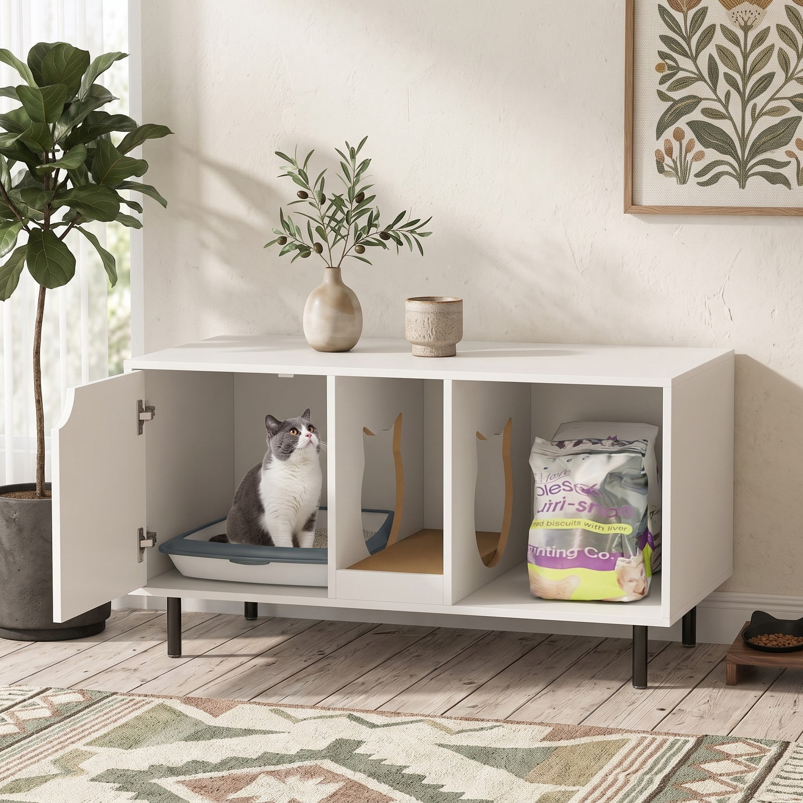 ALPULON 40 Inch Cat Litter Box Enclosure for 2 Cats, Hidden Cat Washroom Furniture with Scratching Board, Side Table Litter Box Cabinet with Countertop and, White