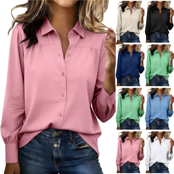 Otntypg Button Down Shirts for Women Slim Fit Long Sleeve Stretch Dress Shirts Lightweight Casual Work Shirt Wrinkle Free Office Blouses