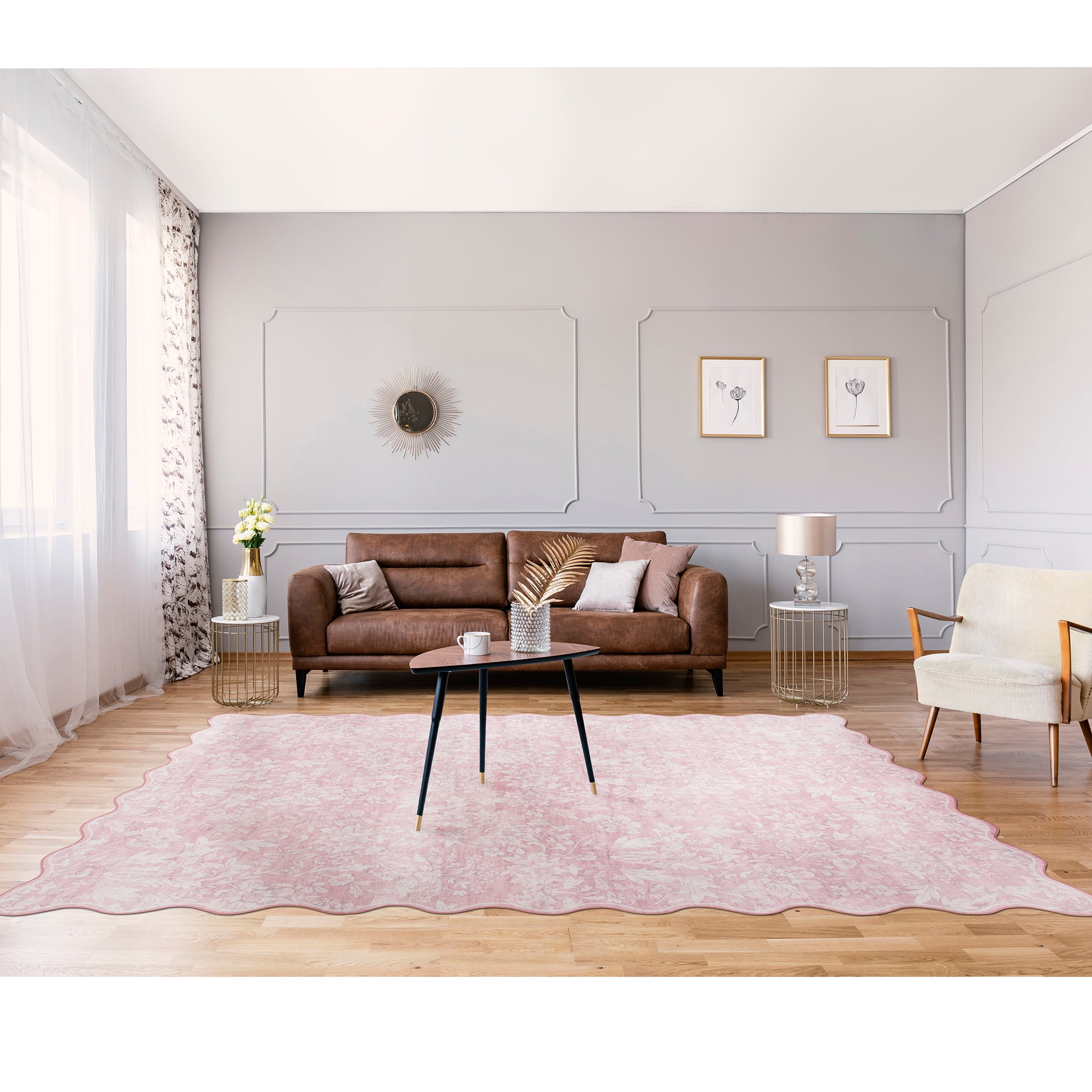 Mainstays Pink Feather Faux Fur Scalloped Indoor Area Rug, 7'x10'