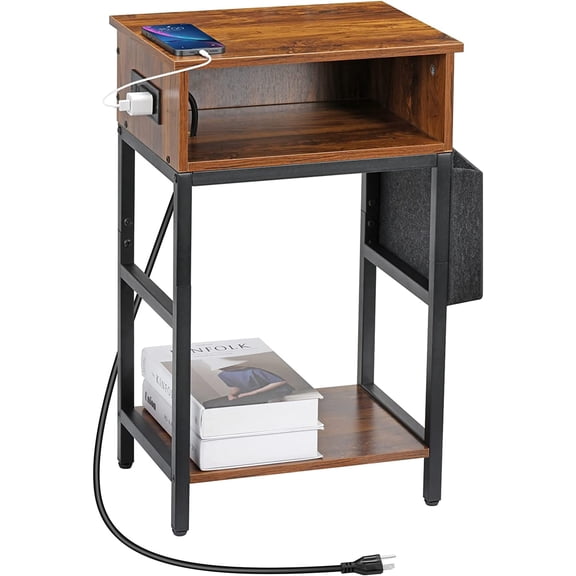 Oumilen Western Home 25.2" End Table with Charging Station, Rustic Walnut Wood