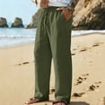 thumbnail image 2 of Hurxie Men's Linen Pants Lightweight Drawstring Elastic Waist Pockets Loose Fit Straight Legs Summer Beach Yoga Army Green,S, 2 of 7