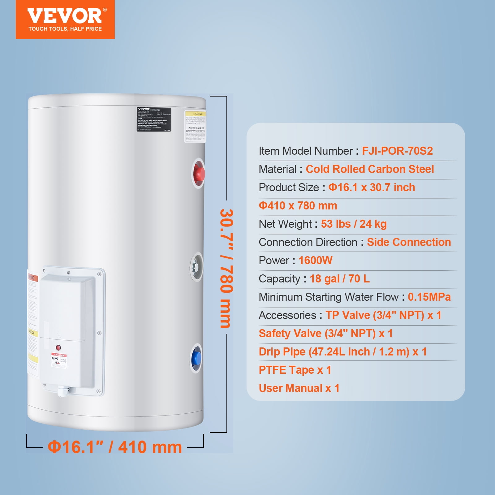 VEVOR Electric Water Heater, 18 Gallon Tank Instant Hot Water Heater, 1.6Kw Tankless Water Heater ,Knob Control, IPX4 Waterproof Side Connection On Demand Heaters for Shower, Bath