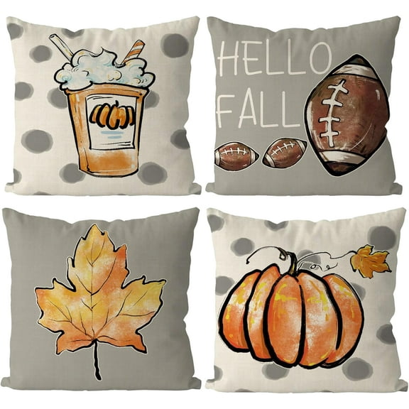 Fall Pillow Covers 18x18 Inch Set of 4 Fall Football Pumpkin Maple Leaf Throw Pillowcase Holiday Home Decor Sofa Bedroom Cushion Case Outdoor Indoor Decorations